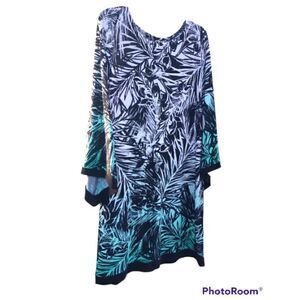 Emma & Michelle black, white, aqua tropical fauna dress size L